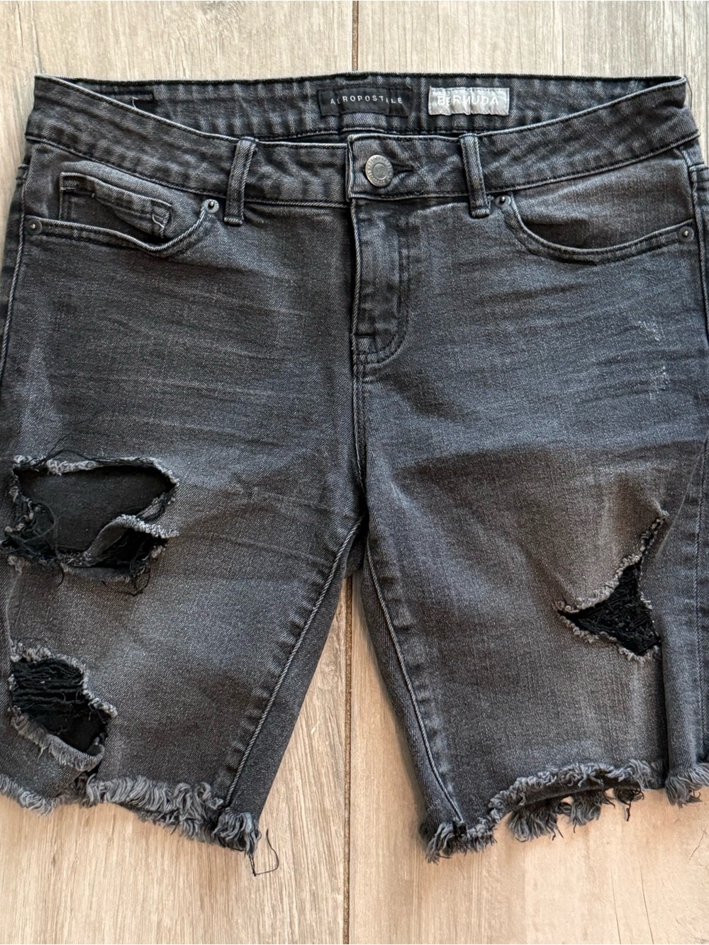 Aeropostale Distressed Black Denim Jean Bermuda Shorts